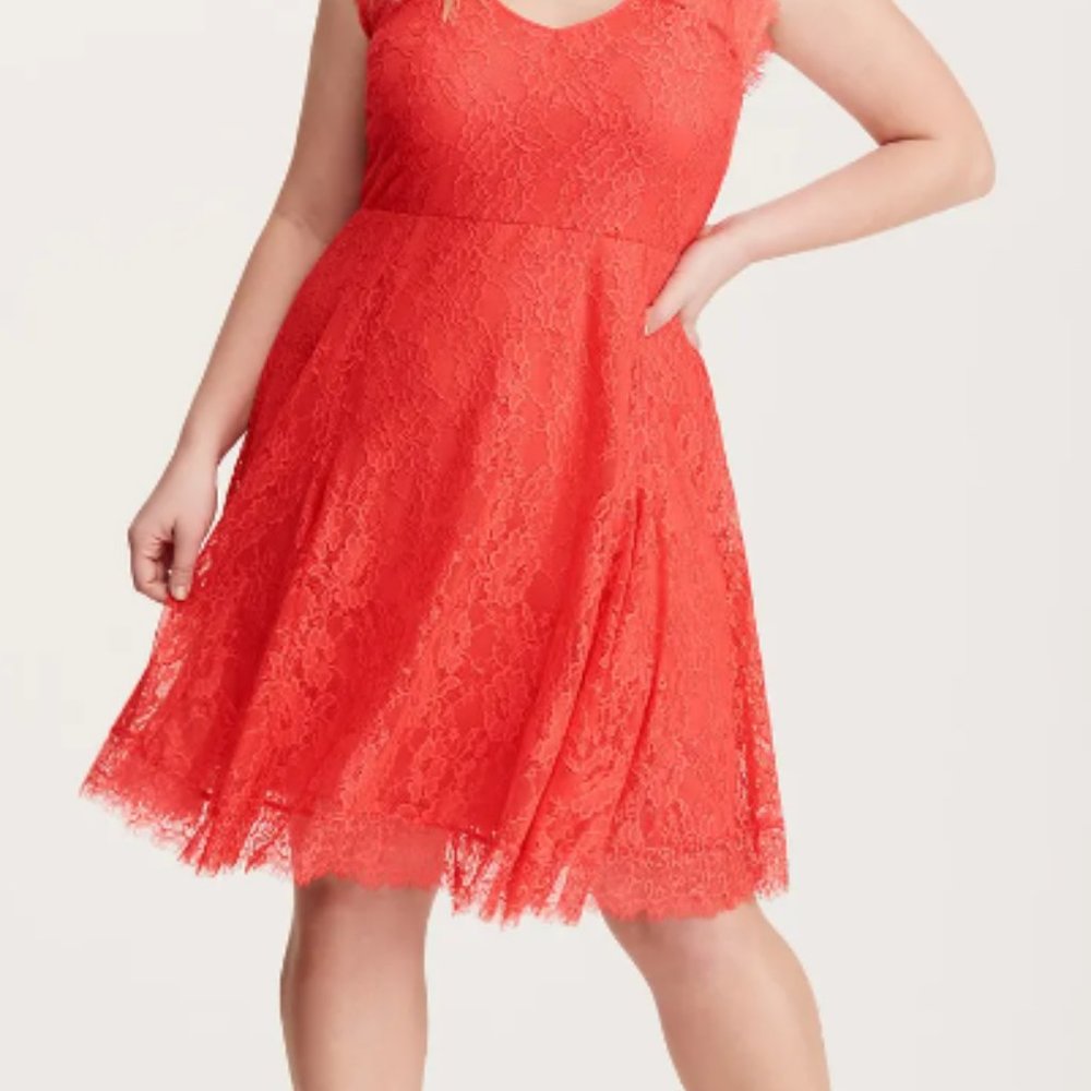 Torrid 00 lace V-neck skater dress coral red